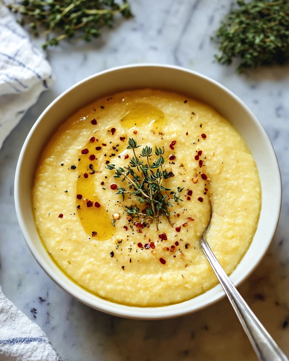 The image shows a white bowl filled with a smooth, creamy yellow porridge with a slightly grainy texture. The top layer has a few drops of oil that glisten, small red chili flakes, and coarse black pepper sprinkled evenly. In the center, a sprig of fresh green thyme rests, adding color contrast. A silver spoon slightly dips into the porridge on the right side of the bowl. The bowl is set on a white marbled surface with a blurred white and blue striped cloth on the left and green herbs in the background. photo taken with an iphone --ar 4:5 --v 7