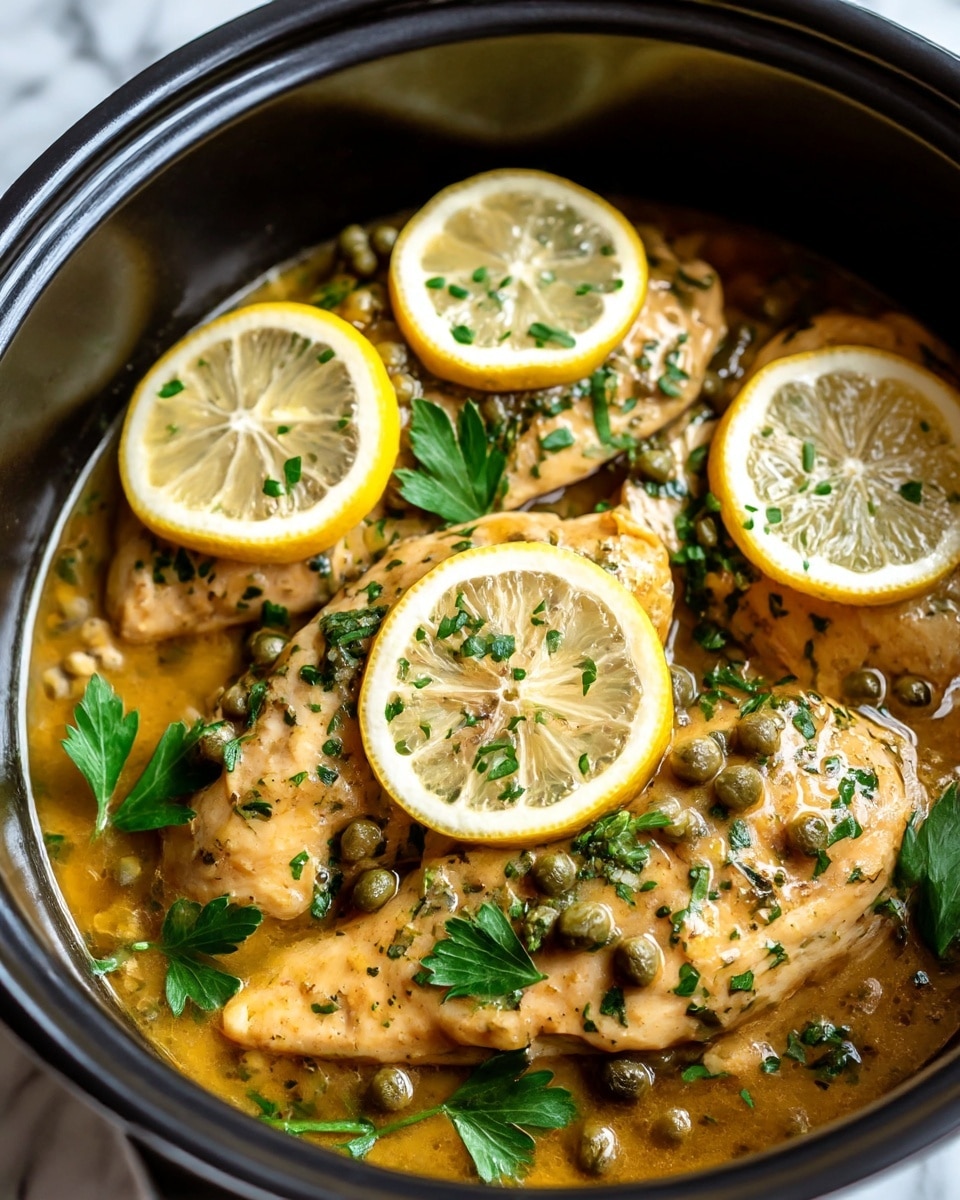 The image shows a black cooking pot filled with three cooked chicken breasts covered in a light brown sauce. On top of two chicken breasts, there are thin yellow lemon slices with some chopped green herbs sprinkled over them. Small green capers are scattered across the surface of the chicken and sauce, with sprigs of fresh parsley placed for decoration. The sauce is glossy and covers the bottom of the pot, partially submerging the chicken. The whole setup is on a white marbled surface. photo taken with an iphone --ar 4:5 --v 7