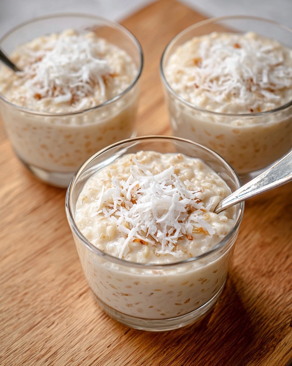 Three clear glass cups are filled with a creamy beige pudding mixed with small bits showing a soft, thick texture. Each cup has a top layer of white shredded coconut, adding a fibrous texture and light contrast to the creamy base. One cup is in the front with a silver spoon resting inside, angled slightly toward the viewer. The cups are placed on a smooth wood surface with light natural grain patterns. photo taken with an iphone --ar 4:5 --v 7