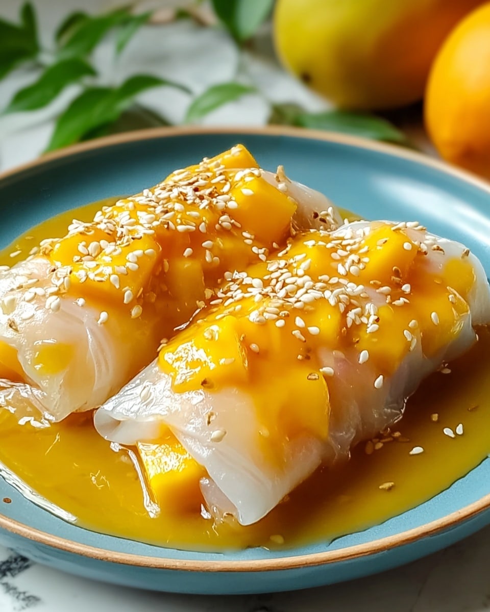 Two translucent white rolls filled with bright yellow chunks of mango are placed on a white plate with a blue inner surface. The rolls are topped with a thick, glossy, golden-yellow sauce that glistens, and sprinkled with small white sesame seeds. The sauce slightly pools around the rolls, creating a shiny texture. The plate is set on a white marbled surface with some green leaves and a blurred yellow fruit in the background. photo taken with an iphone --ar 4:5 --v 7