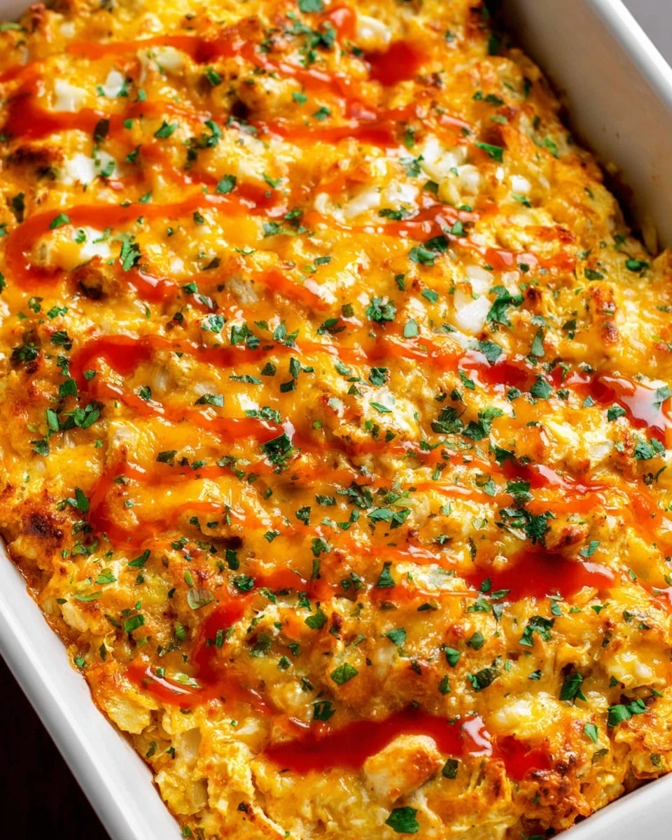 A close-up view of a cheesy casserole dish presented in a white rectangular baking dish, showing a textured surface of melted, golden-orange cheese mixed with soft chunks of chicken. The casserole is topped with a drizzle of bright red hot sauce scattered unevenly across the top layer, adding vibrant color contrast. Fresh green herb bits are sprinkled generously over the dish, providing a fresh touch. The casserole has a rough, slightly creamy texture with the cheese and chicken pieces blending together, filling the dish entirely. Photo taken with an iphone --ar 4:5 --v 7