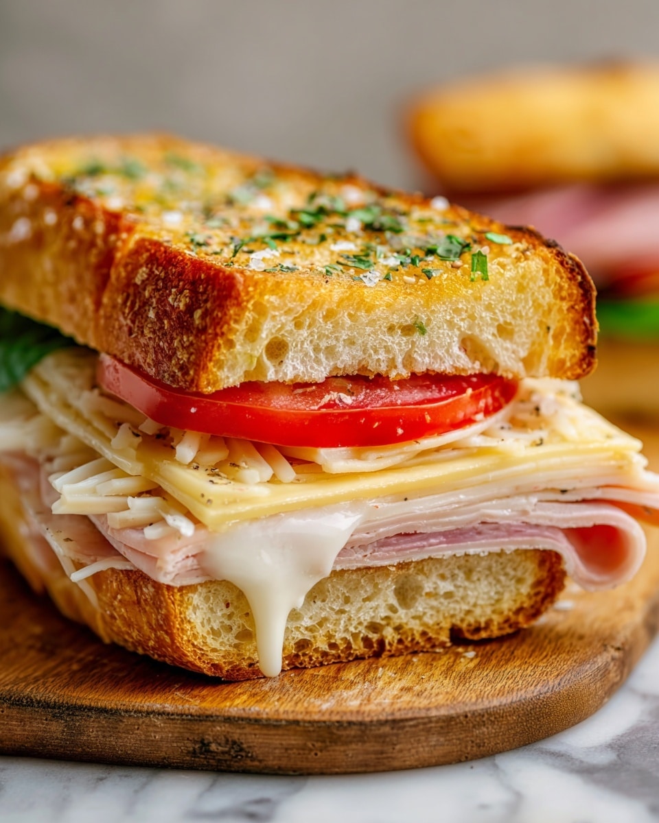 The image shows a close-up of a sandwich with multiple layers on a wooden board, placed on a white marbled texture. The sandwich has a toasted golden-brown baguette top sprinkled with green herbs and coarse salt. Below the bread, there is a fresh red tomato slice, white shredded cheese, thin slices of pink ham, light pink turkey, and a layer of melted creamy white cheese that slightly spills out from the bottom bread slice. The bread looks crisp and textured with a soft inside, and the sandwich is cut in half, with the second half blurred in the background. photo taken with an iphone --ar 4:5 --v 7