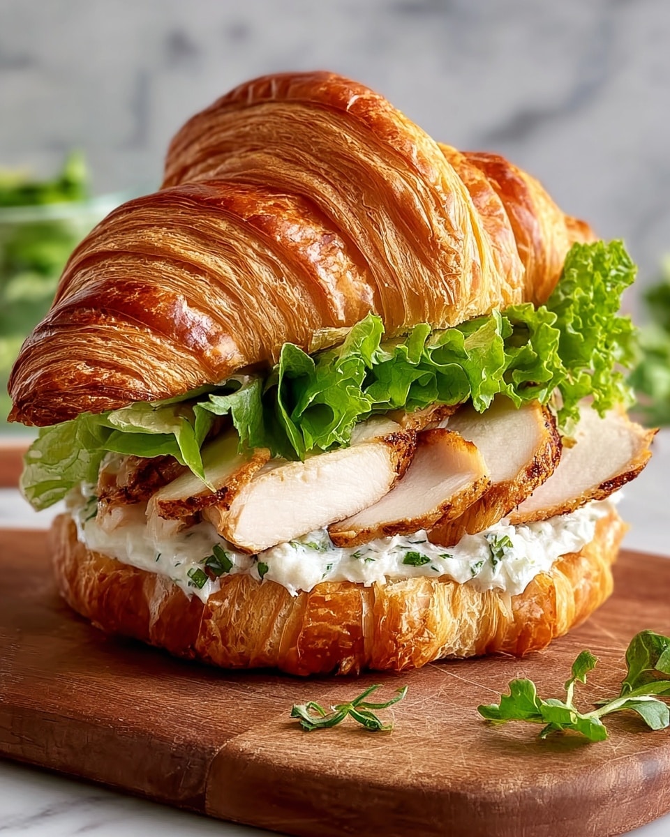 A croissant sandwich sits on a wooden board with a white marbled background. The croissant is golden brown with a crispy, flaky texture, showing clear layered folding and a soft inside. Inside, there are three main layers: at the bottom, a creamy white spread with herbs; above it, fresh, bright green lettuce leaves with a ruffled texture; and on top of the lettuce, sliced grilled chicken breast with a golden-brown sear and a juicy white interior. The top croissant half rests at an angle above the filling, completing the sandwich. Photo taken with an iphone --ar 4:5 --v 7