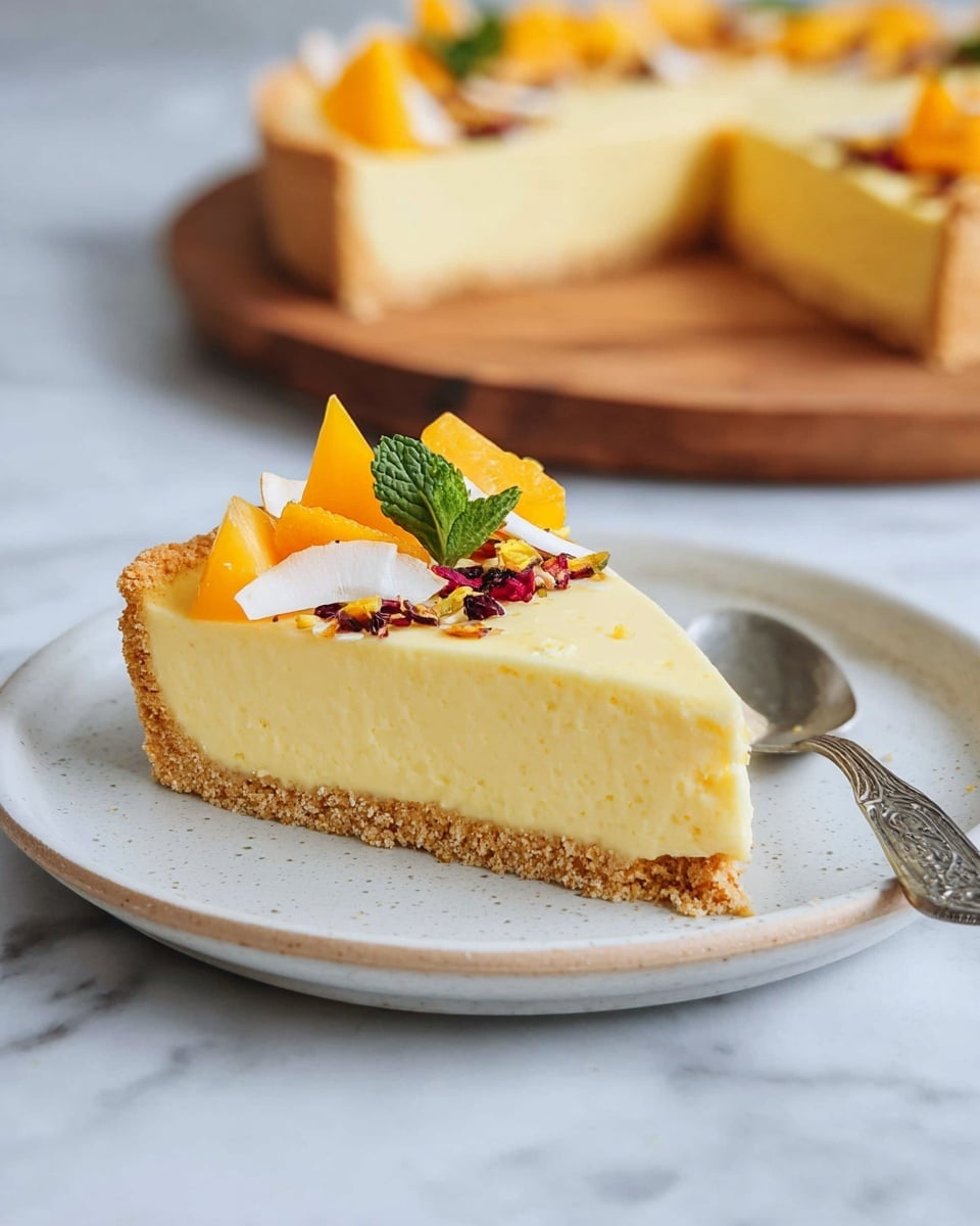 A slice of a three-layered tart is placed on a white plate with a light texture. The bottom layer is a light brown, thin, crumbly crust, holding a thick, creamy yellow middle layer filling that looks smooth and dense. On top, there are three different garnishes: bright orange triangular fruit pieces, white curved coconut shavings, green fresh mint leaves, and small dark and red dried fruit bits. The background shows the rest of the tart on a wooden board, and next to the plate is a small metallic spoon with a detailed handle. The whole scene is set on a white marbled surface. photo taken with an iphone --ar 4:5 --v 7
