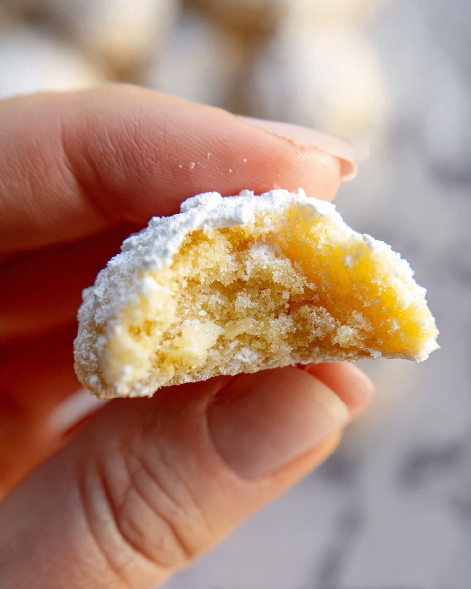 A close-up of a woman's hand holding a small, broken cookie showing its soft, crumbly inside with a yellowish color; the cookie's outside is dusted with white powdered sugar, giving it a slightly rough texture; the background is blurred with a white marbled texture visible. photo taken with an iphone --ar 4:5 --v 7