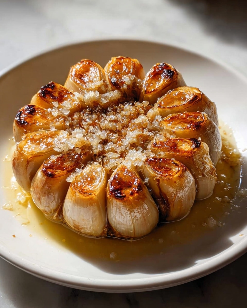 A roasted garlic bulb is placed in the center of a white plate on a white marbled surface. The garlic is whole, with its outer layers slightly peeled back, revealing about 12 browned, caramelized cloves arranged in a circular pattern. The tops of the cloves are golden with some small charred spots and glistening with oil. Coarse salt crystals are scattered over the top, and a small pool of garlic-infused oil surrounds the base of the garlic bulb. The lighting highlights the texture and gloss of the roasted garlic and the warmth of the golden browns. photo taken with an iphone --ar 4:5 --v 7