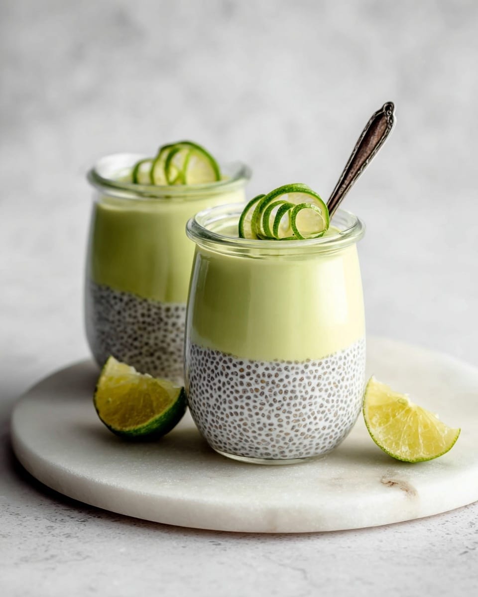 Two small glass jars are filled with three layers each, placed on a round white marble surface with two lime wedges next to them. The bottom layer is a white chia pudding with visible small seeds, giving it a slightly textured look. The middle layer is a smooth pale green cream, creamy and thick, taking about a third of the jar’s height. A thin lime slice topped with a small spiral of lime peel sits flat on the cream layer in each jar. Both jars have a small silver spoon standing inside. The background is a soft, white marbled texture. Photo taken with an iphone --ar 4:5 --v 7