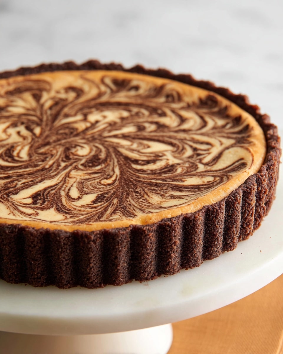 A round tart with two visible layers sits on a white cake stand with a white marbled background. The base layer is dark brown and crumbly, forming thick side crusts with vertical ridges. The top layer is smooth with swirled patterns mixing light tan and chocolate brown colors, creating a marbled effect across the flat surface. The tart's edge is scalloped with a lightly golden brown color. Photo taken with an iphone --ar 4:5 --v 7