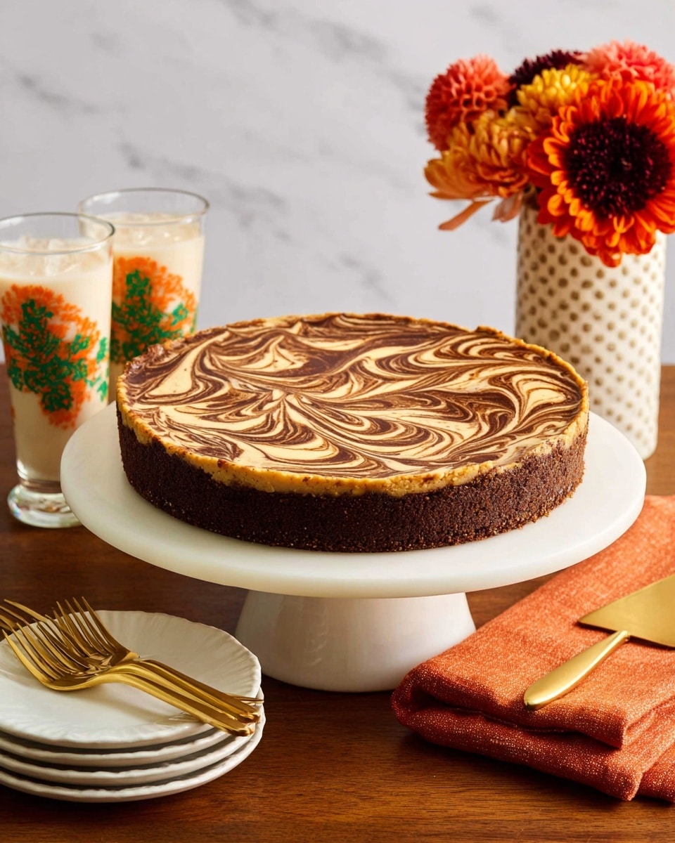 A round tart with two visible layers sits on a white cake stand with a wide base; the bottom layer is a thick, dark brown crust with a rough texture, while the top layer is a smooth swirl of light tan and dark brown colors creating a marbled pattern across the entire surface. The stand is placed on a wooden table with a white marbled texture as background. To the left, three clear glasses filled with a creamy white drink decorated with orange and green floral designs sit close together. In front of them, four gold forks rest on stacked white plates. On the right side, an orange cloth napkin is partially visible next to a gold pie server, and a tall, white vase holds bright orange and red flowers with dark centers. Photo taken with an iphone --ar 4:5 --v 7