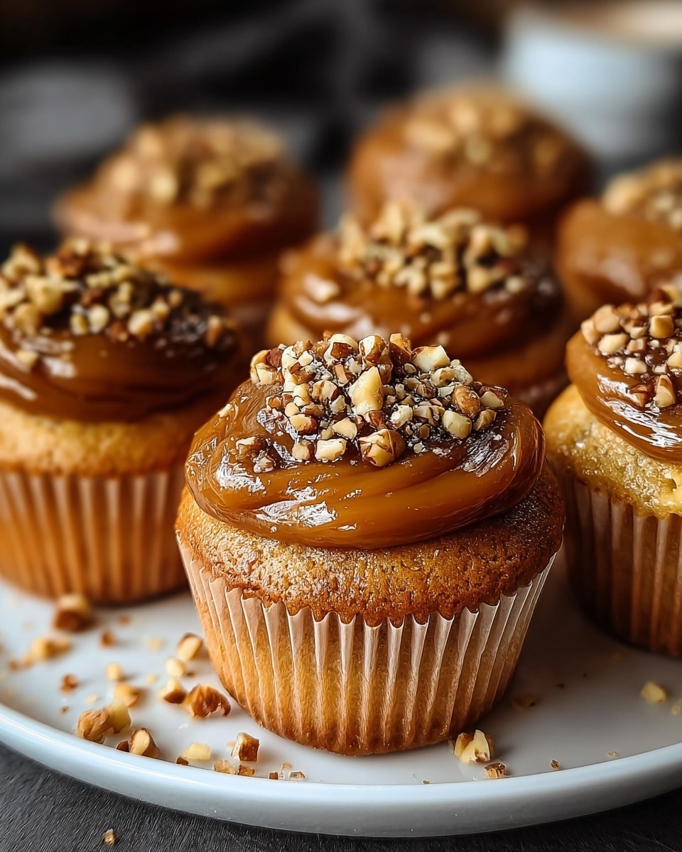 The image shows a group of golden brown cupcakes arranged closely together on a white plate. Each cupcake has a single thick layer of glossy caramel-like frosting on top, which looks smooth and slightly swirled. On the very top center of each cupcake is a generous sprinkle of small, chopped nuts that add a crunch texture and contrast in color with the deep brown caramel. Some nut pieces and crumbs are scattered around the base of the cupcakes on the plate. The background is softly blurred with a dark tone, making the cupcakes stand out. The texture of the cupcakes looks soft and moist with slight ridges from the paper liners. Photo taken with an iphone --ar 4:5 --v 7