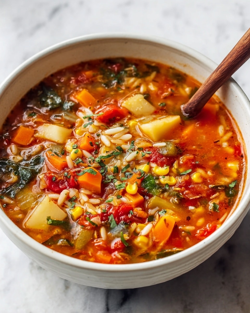 A white bowl filled with a colorful vegetable soup on a white marbled surface, showing a thick broth with visible layers of chopped orange carrots, white potato chunks, yellow corn, green herbs, red tomato pieces, and small pasta or rice grains scattered evenly. The soup looks warm with a slightly oily red-orange liquid base, and a wooden spoon rests inside the bowl on the top right corner. photo taken with an iphone --ar 4:5 --v 7
