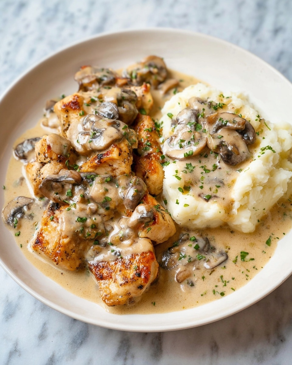 A white plate holds two main layers: on the left side, golden brown cooked chicken pieces with a slightly crispy texture are covered with a creamy beige mushroom sauce that includes sliced and sautéed mushrooms, garnished with small bits of green herbs. On the right side, there is a soft, creamy white mashed potato layer topped with the same beige mushroom sauce with visible mushroom slices and a sprinkle of green herbs. The whole dish is placed on a white marbled surface. Photo taken with an iphone --ar 4:5 --v 7