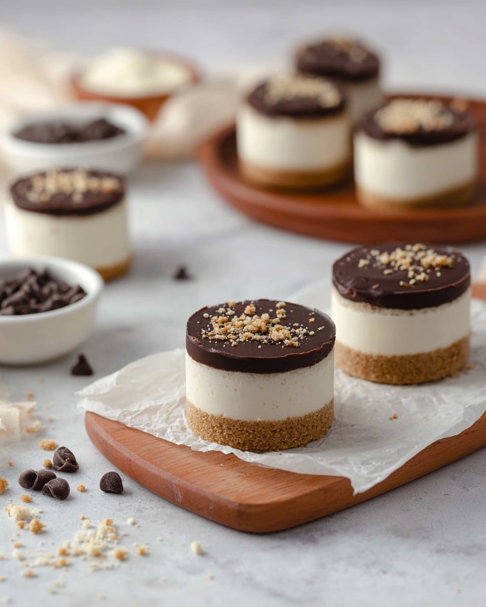The image shows small round desserts with three clear layers: a bottom crumbly golden brown crust, a thick middle creamy white layer, and a top glossy dark chocolate layer sprinkled with fine crumbs. Two of the desserts are placed on white parchment paper over a wooden board in the foreground, while blurred desserts appear on a white plate and a wooden tray in the background. Around the desserts, small bowls hold chocolate chips, crumbs, and a white creamy ingredient, all set on a white marbled surface. Photo taken with an iphone --ar 4:5 --v 7