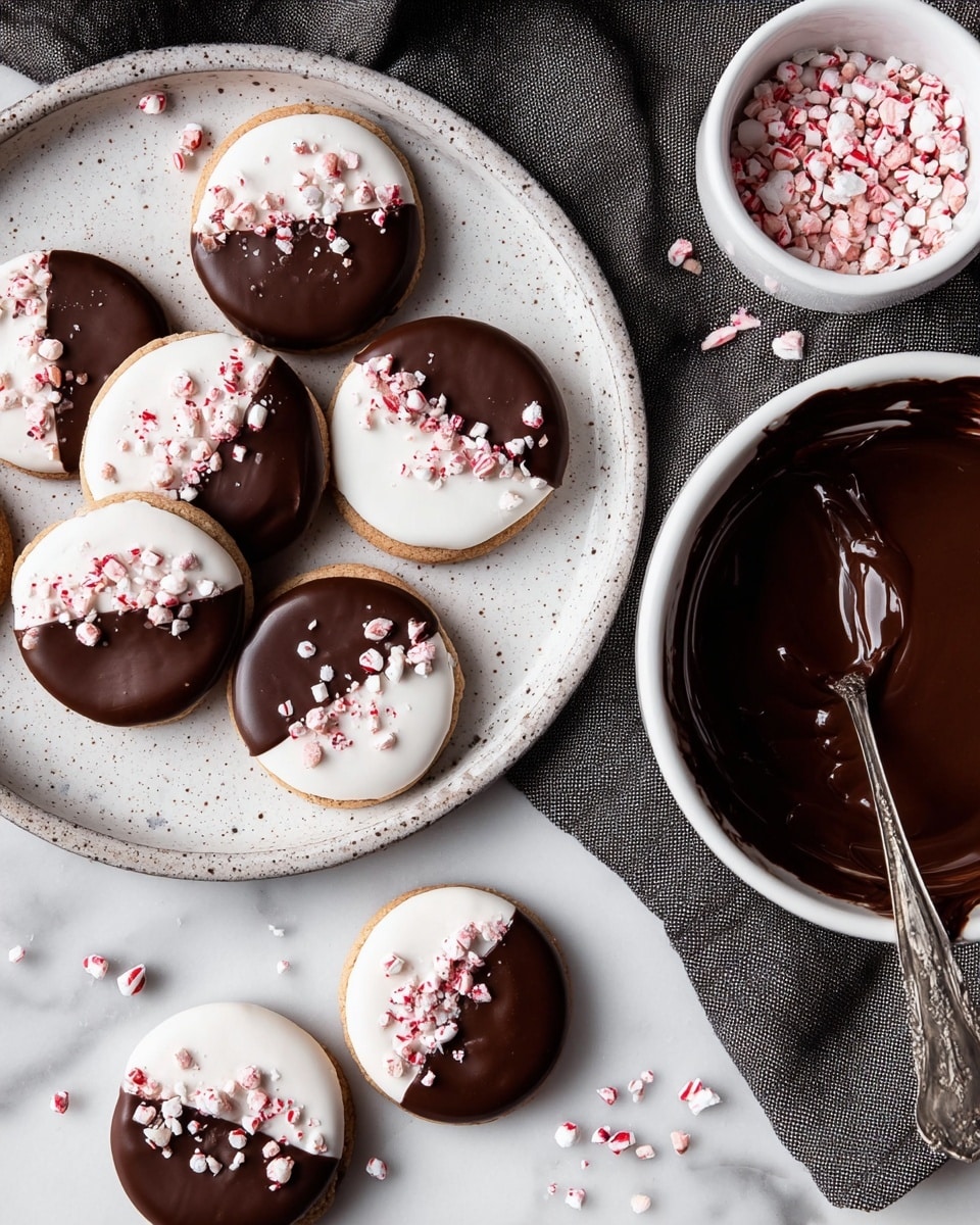 The image shows round white cookies with a smooth texture, each dipped halfway in shiny, dark brown chocolate on the top half, sprinkled with small chopped pink and white candy pieces. There are seven cookies on a white speckled plate placed on a dark gray cloth, and three cookies rest directly on a white marbled surface nearby. To the bottom right is a small white bowl filled with glossy melted chocolate with a spoon covered in chocolate resting next to it. Crushed candy pieces are scattered on the marbled surface, adding a festive touch. Photo taken with an iphone --ar 4:5 --v 7