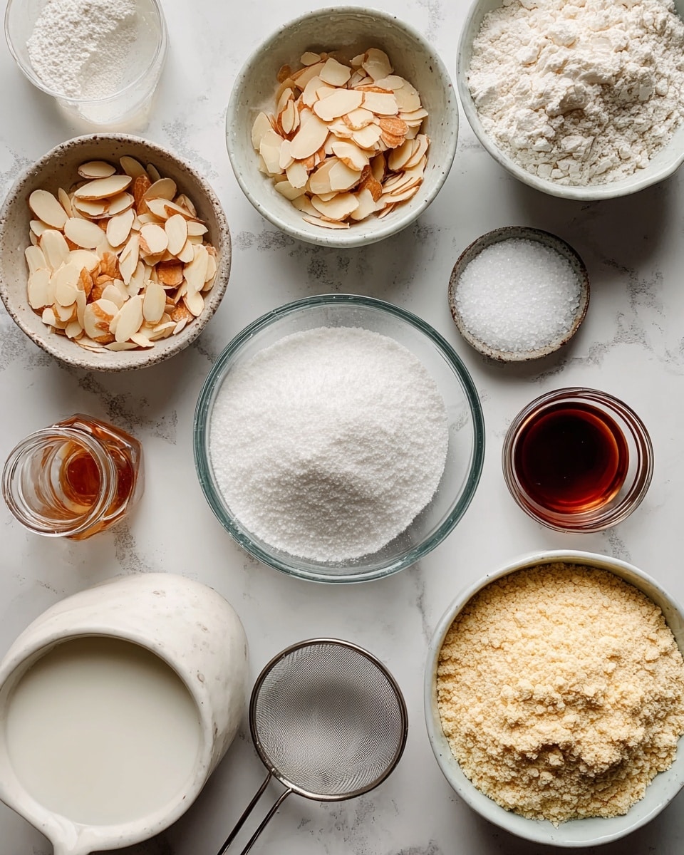 The image shows a top-down view of various baking ingredients arranged on a white marbled surface in separate small bowls and containers. There are two bowls with almond slices, one with whole smaller pieces and the other with pressed thin slices, both light tan to golden brown in color. Near the center, there is a clear glass bowl filled with white granulated sugar and another smaller bowl with coarse white salt. A small metal sieve holds a fine sprinkle of salt. A small glass jar contains a dark amber liquid, likely syrup or extract, and a round glass bowl near the bottom edge holds a white liquid, probably milk. A small white ceramic container with a lid is also visible, along with bowls of flour and a light, crumbly yellowish powder, likely almond meal or butter. The ingredients are neatly placed and well spaced, emphasizing their different textures and colors against the clean white marbled background. photo taken with an iphone --ar 4:5 --v 7