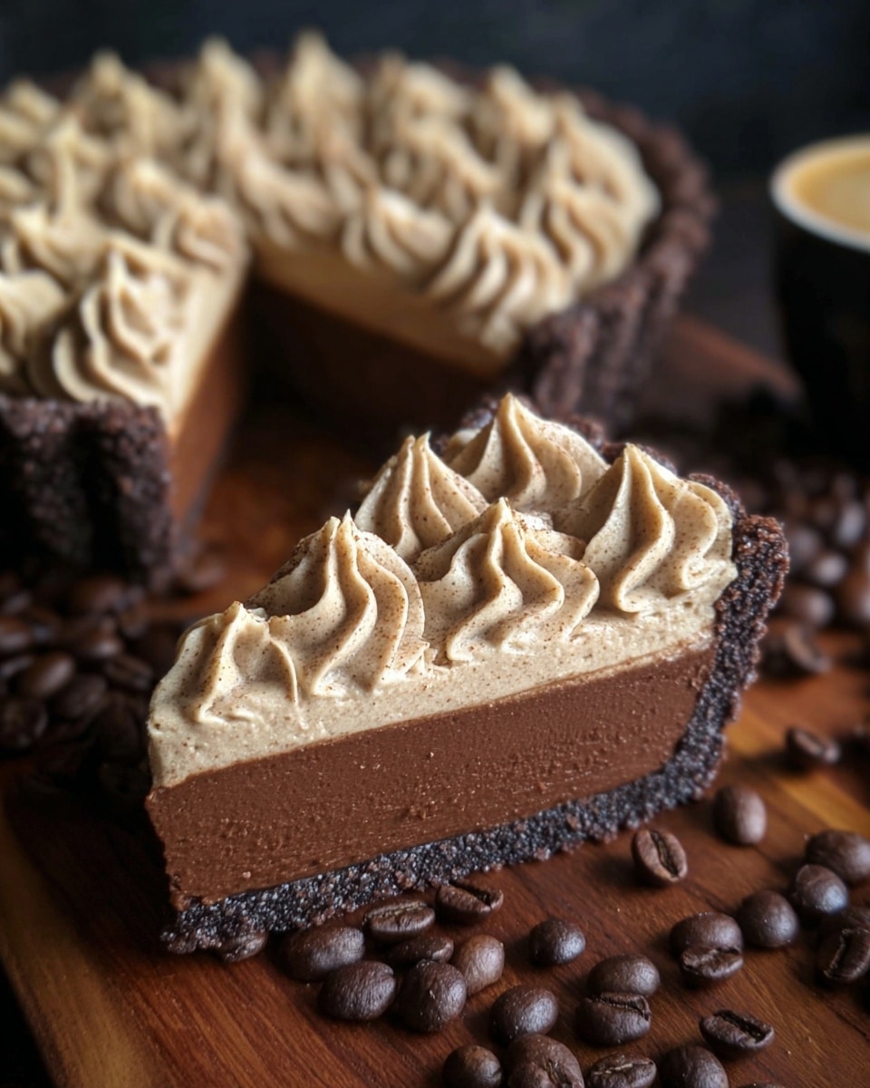A close-up of a chocolate tart with two layers: the bottom layer is a smooth, dark brown chocolate filling, and the top layer is a light tan creamy frosting piped in swirled patterns. The crust is dark brown and coated with sugar, giving it a rough texture. The tart is cut into a slice, placed in front of the whole tart with a fluted edge, both resting on a dark wooden surface scattered with glossy coffee beans. The background is softly blurred. Photo taken with an iphone --ar 4:5 --v 7