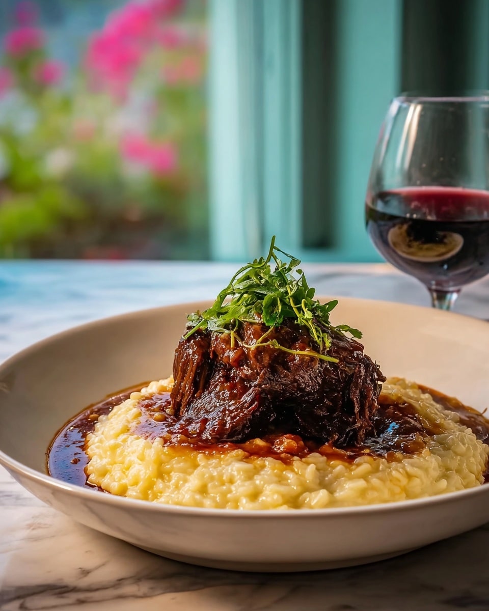 A white plate with creamy, pale yellow risotto spread evenly as the bottom layer, topped with a large piece of dark brown, slow-cooked meat that looks tender and juicy with rich sauce on top, garnished with a small bunch of fresh green herbs. In the background, there is a glass of deep red wine on a white marbled surface. The scene is lit with natural light with a soft, blurred green and pink background visible through a window. photo taken with an iphone --ar 4:5 --v 7