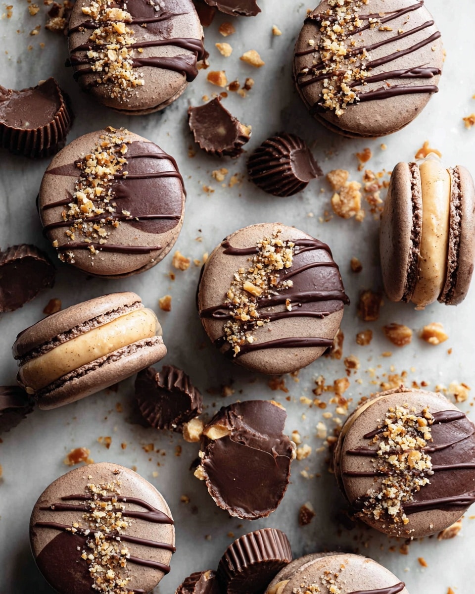 The image shows several chocolate macarons arranged on a white marbled surface, each with two smooth, dark brown shells sandwiching a light peanut butter cream layer. The tops of the macarons have thin dark chocolate drizzle lines and a sprinkle of crushed nuts, adding texture and contrast. Scattered among the macarons are dark brown peanut butter cups, some whole and one with a bite taken out, showing a creamy peanut butter center. Small crumbs and nut pieces are scattered around, giving a casual, inviting look. photo taken with an iphone --ar 4:5 --v 7