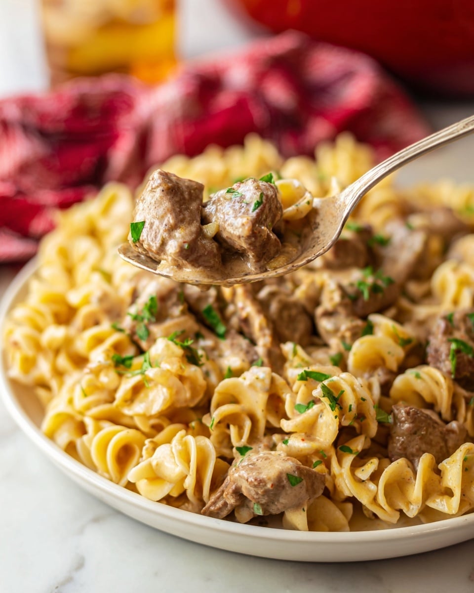 The image shows a close-up of a creamy beef and egg noodle dish on a white plate placed on a white marbled surface. The dish has a mix of light yellow twisted egg noodles and chunks of tender brown beef covered in a smooth, creamy sauce. Small green herbs are sprinkled over the beef and noodles, adding a touch of color. A spoon holds a portion of the noodles and beef in the foreground, with the creamy sauce and herbs clearly visible. The background features a red and white cloth and a blurred glass, giving a warm and inviting feel. photo taken with an iphone --ar 4:5 --v 7