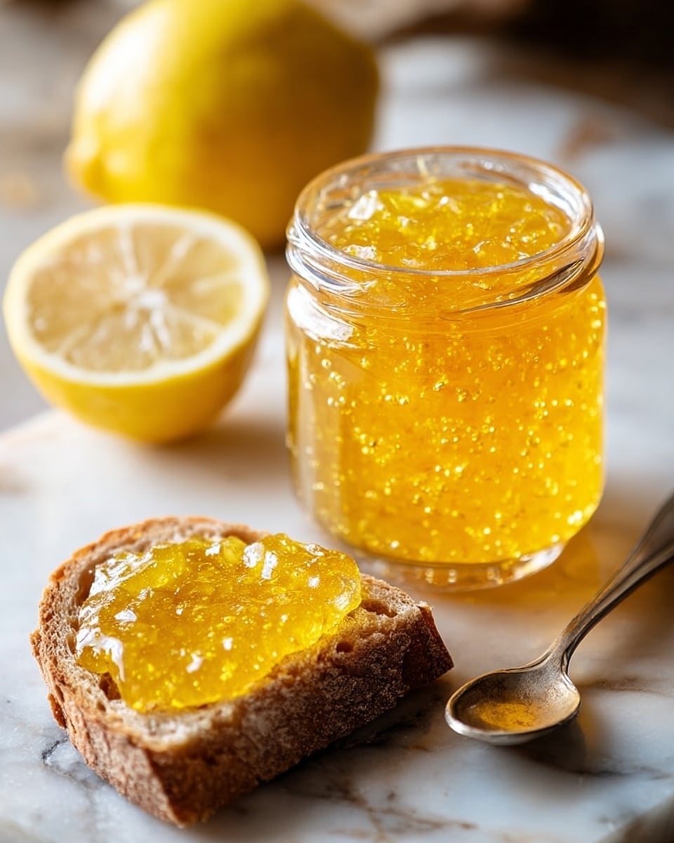 A small clear glass jar filled with bright yellow lemon jam, showing its shiny, slightly chunky texture and tiny bubbles, sits on a white marbled surface. Next to the jar is a slice of rustic brown bread with a thick layer of the same lemon jam spread unevenly on top, displaying its glossy and translucent look. Behind, one whole lemon and one lemon half with visible seeds and white pith add a fresh touch with their bright yellow and pale cream colors. A silver spoon lies beside the bread, reflecting soft light. The scene is bright and warm with natural soft shadows. photo taken with an iphone --ar 4:5 --v 7