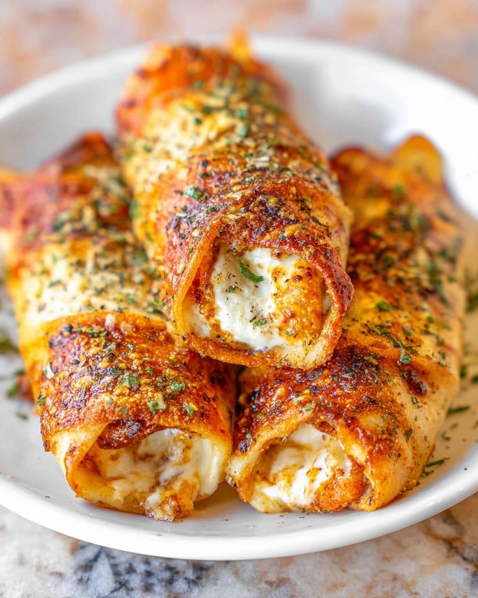 The image shows three rolled appetizers placed close together on a white plate. Each roll has a crispy, brown outer layer with a slightly charred and shiny texture, sprinkled with green herbs and black pepper. Inside, you can see a soft, creamy white filling peeking through the edges. The plate sits on a white marbled texture, and the colors make the dish look warm and inviting. Photo taken with an iphone --ar 4:5 --v 7