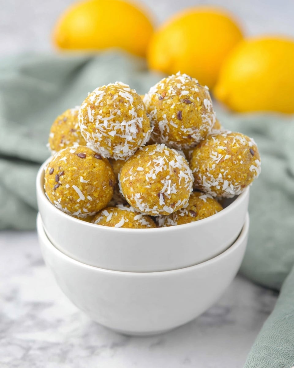 Inside a white cup filled nearly to the top are about twelve round, yellowish-orange energy balls with visible seeds and a light coating of shredded white coconut flakes, giving them a textured look. The cup sits on another white cup creating a stacked effect, both placed on a white marbled surface with light gray and green cloths in the background. Two whole yellow lemons with smooth skin are blurred in the distance, adding a splash of bright color behind the cups. photo taken with an iphone --ar 4:5 --v 7