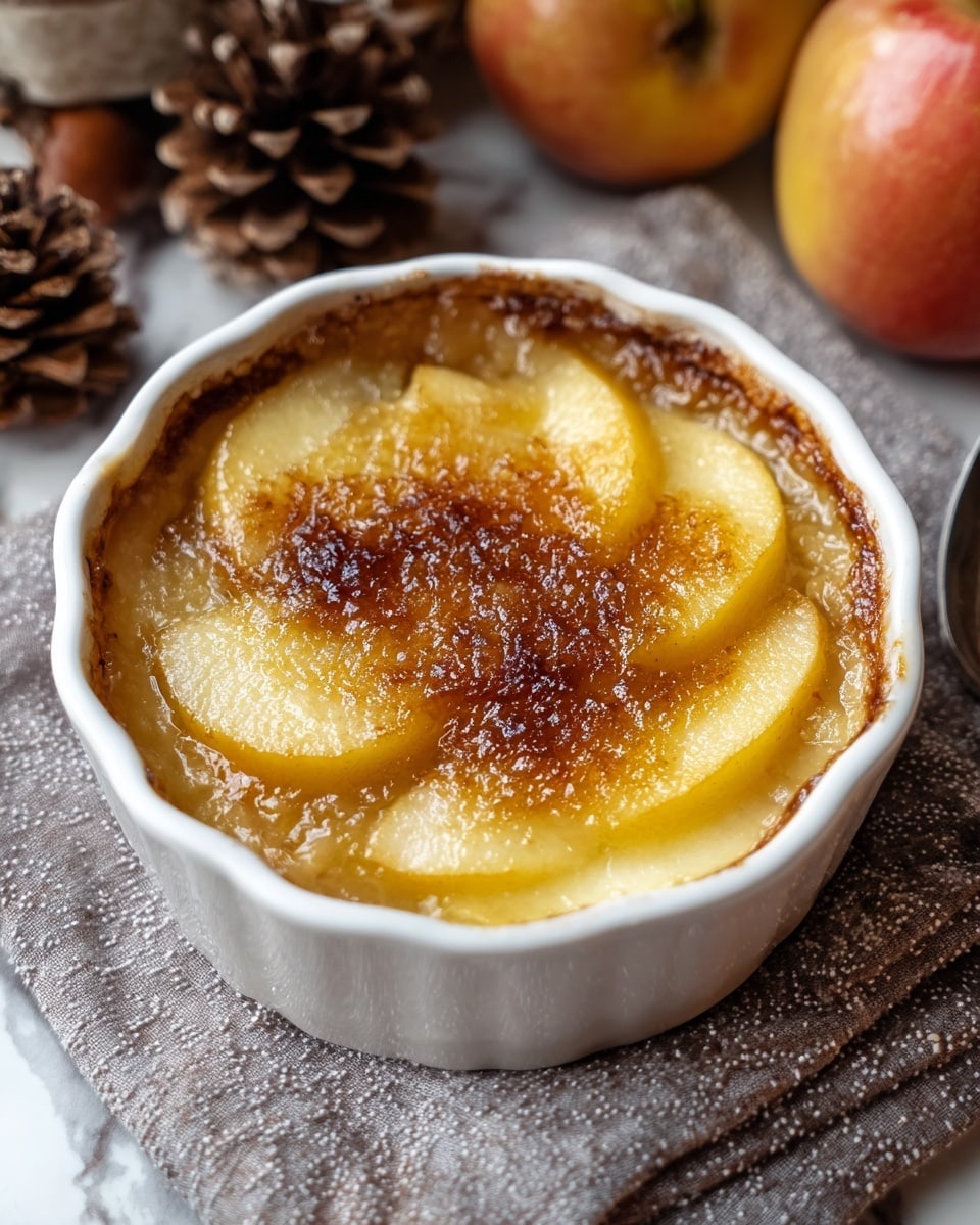 A round white ceramic ramekin filled with a baked dessert showing several thin, yellow apple slices covered with a glossy, golden caramelized sugar layer that is slightly burnt in the center, creating a textured, crispy surface; the edges inside the ramekin are browned, and the ramekin sits on a gray and white speckled cloth atop a white marbled table. In the background, there are whole apples and pinecones out of focus, adding a warm, rustic atmosphere. Photo taken with an iphone --ar 4:5 --v 7