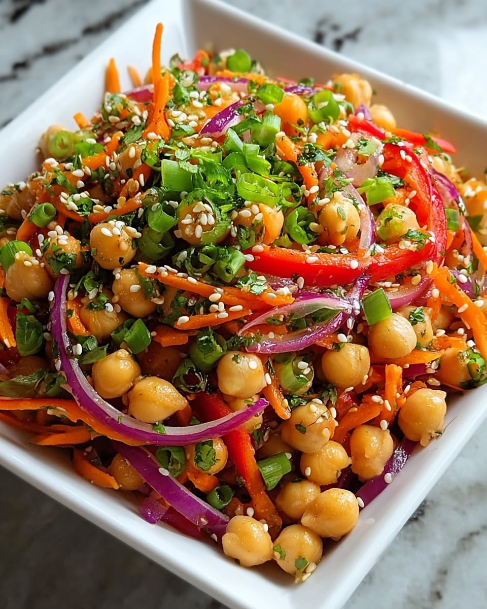 A white square bowl filled with a colorful chickpea salad, where the bottom layer is round, light tan chickpeas, followed by thin slices of bright red bell pepper and thin, curved purple onion strips mixed with shredded orange carrot pieces. The salad is topped with chopped green onions and scattered dark green chopped cilantro leaves, sprinkled with small white sesame seeds. The bowl is set on a white marbled texture background. photo taken with an iphone --ar 4:5 --v 7