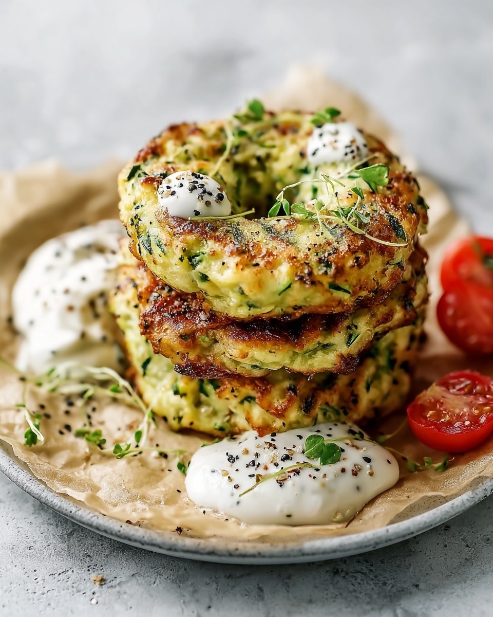 A stack of three golden-brown zucchini fritters with crispy edges and visible green zucchini strands sits in the center of a round white plate lined with parchment paper. The fritters have a ring shape with small black seeds sprinkled on top, along with fresh green herb sprigs. Around the fritters, dollops of creamy white sauce with black pepper flakes and tiny green herbs are placed. Two halves of bright red cherry tomatoes add a pop of color on the right side. The plate is set on a white marbled textured surface, and the image has a soft focus on the background, highlighting the fritters. photo taken with an iphone --ar 4:5 --v 7