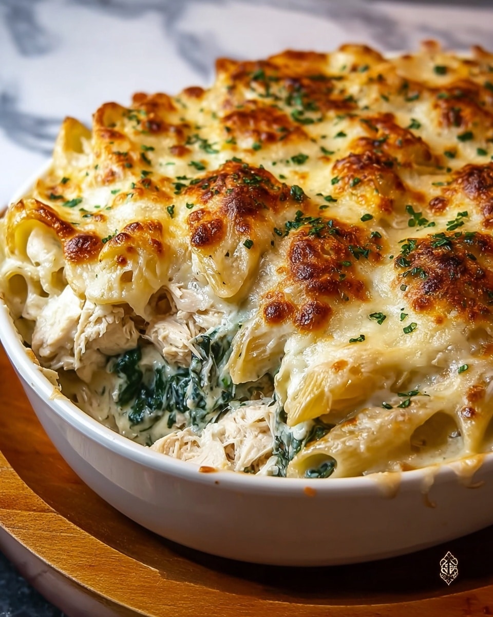 A close-up of a baked dish in a white casserole dish filled with creamy layers. The bottom layer appears to be soft pasta with a light beige color, mixed with green spinach leaves. On top of the pasta and spinach is shredded white chicken, covered with a thick creamy white sauce. The dish is topped with a golden brown and bubbly melted cheese crust, sprinkled with small green herbs scattered evenly across. The texture of the top layer ranges from smooth creamy to crispy browned spots. The casserole sits on a wooden board against a white marbled texture background. photo taken with an iphone --ar 4:5 --v 7