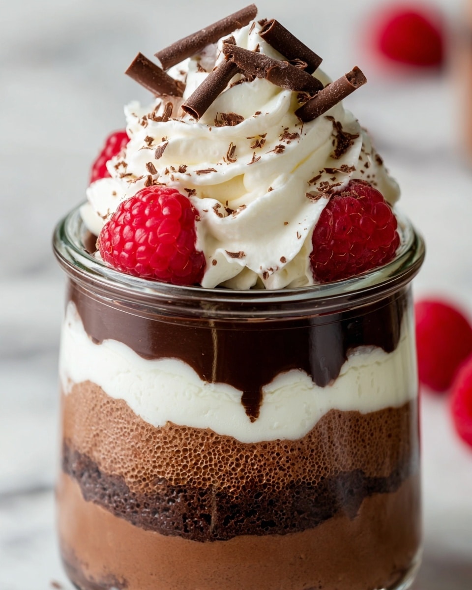 The dessert is in a clear glass jar showing four visible layers from bottom to top: a thick, airy dark brown chocolate mousse, a creamy white layer, another thick dark brown chocolate mousse, and a glossy dark chocolate drizzle on top. Above the drizzle, there is a tall swirl of whipped cream with a soft and smooth texture. The whipped cream is garnished with thin dark chocolate curls and small chocolate shavings. Three bright red raspberries, one sitting at the peak of the whipped cream and two placed around the swirl, add vibrant color and texture contrast. The background is a soft white marbled texture. Photo taken with an iphone --ar 4:5 --v 7