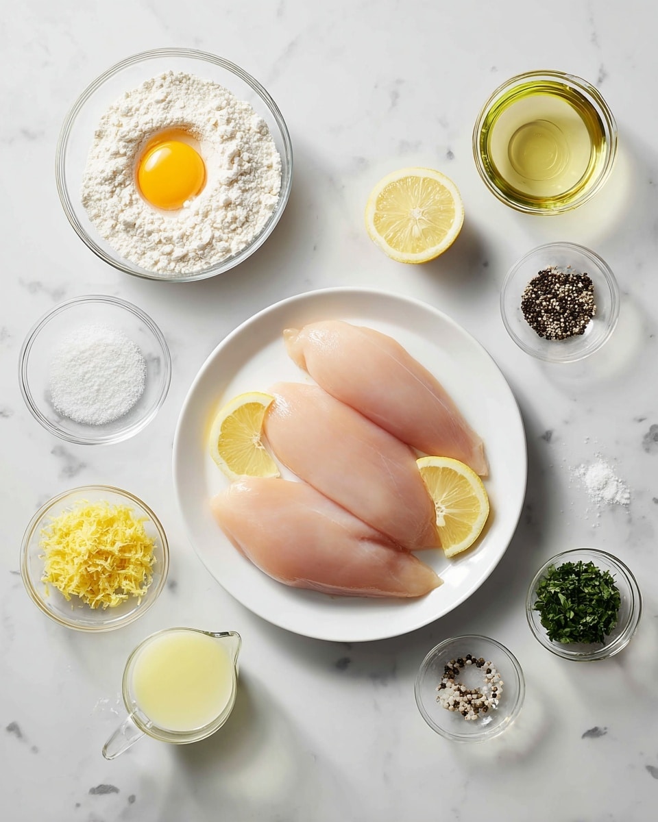 The image shows a white plate in the center holding three raw chicken breasts, each pale pink with a smooth texture, arranged side by side with three lemon slices placed around them, two on the right and one on the bottom left. Surrounding the plate on a white marbled surface are several small clear glass bowls and measuring cups: the top left bowl contains white flour with a raw egg cracked on top showing a bright yellow yolk and clear whites, below it is a small bowl of white granules, and beneath that a bowl with bright yellow lemon zest. Below those is a measuring cup filled with a pale yellow liquid. On the right side, near the top, there are piles of black pepper and white salt directly on the surface, and clear measuring cups with a transparent liquid, a slightly yellow liquid, and olive oil in a golden shade. Lastly, there is a small bowl of chopped green herbs near the bottom right. The setup is clean and well arranged, perfect for cooking preparation photo taken with an iphone --ar 4:5 --v 7
