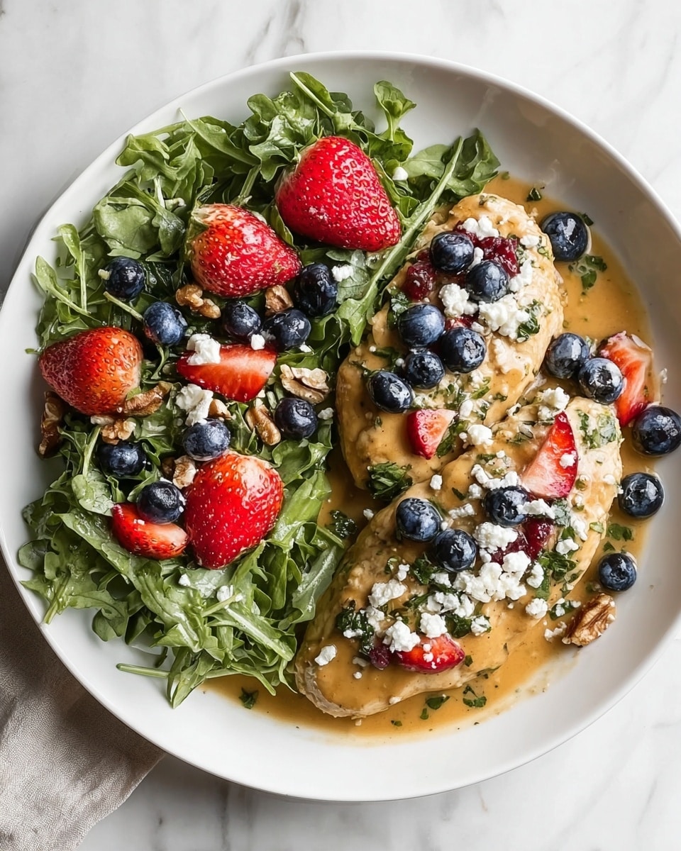 A white plate on a white marbled texture surface holds a dish with two main sections: on the left, a fresh green arugula salad mixed with bright red strawberry halves and scattered walnut pieces; on the right, two pieces of chicken breast covered in a light brown creamy sauce with green herb flecks, topped with fresh blueberries, strawberry chunks, and crumbled white cheese. The colors contrast well, creating a fresh and colorful look. Photo taken with an iphone --ar 4:5 --v 7