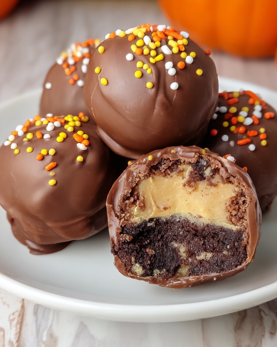 The image shows five round chocolate truffles on a white plate, each coated in smooth milk chocolate with a few small wrinkles on the surface. Four truffles are whole, decorated with small sprinkles on top in yellow, white, and orange colors. One truffle is bitten in half, revealing three layers inside: the outer milk chocolate shell, a thick dark brown moist chocolate cake layer beneath it, and a creamy light beige center in the middle. The setting includes a white marbled surface and a blurred orange object in the background. photo taken with an iphone --ar 4:5 --v 7