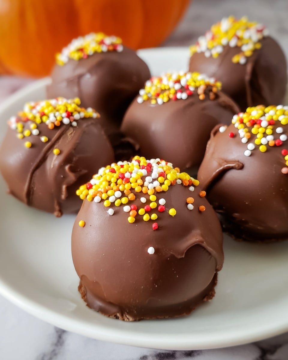 A close-up image showing six round, chocolate-covered balls on a white plate, each coated with a smooth, shiny layer of milk chocolate. The chocolate layer is slightly uneven with small ridges and curves, giving a homemade feel. On top of each ball, there is a small pile of tiny round sprinkles in yellow, white, and red colors, adding a pop of color and texture. The plate rests on a white marbled surface, and a blurry orange object is seen in the background. Photo taken with an iphone --ar 4:5 --v 7