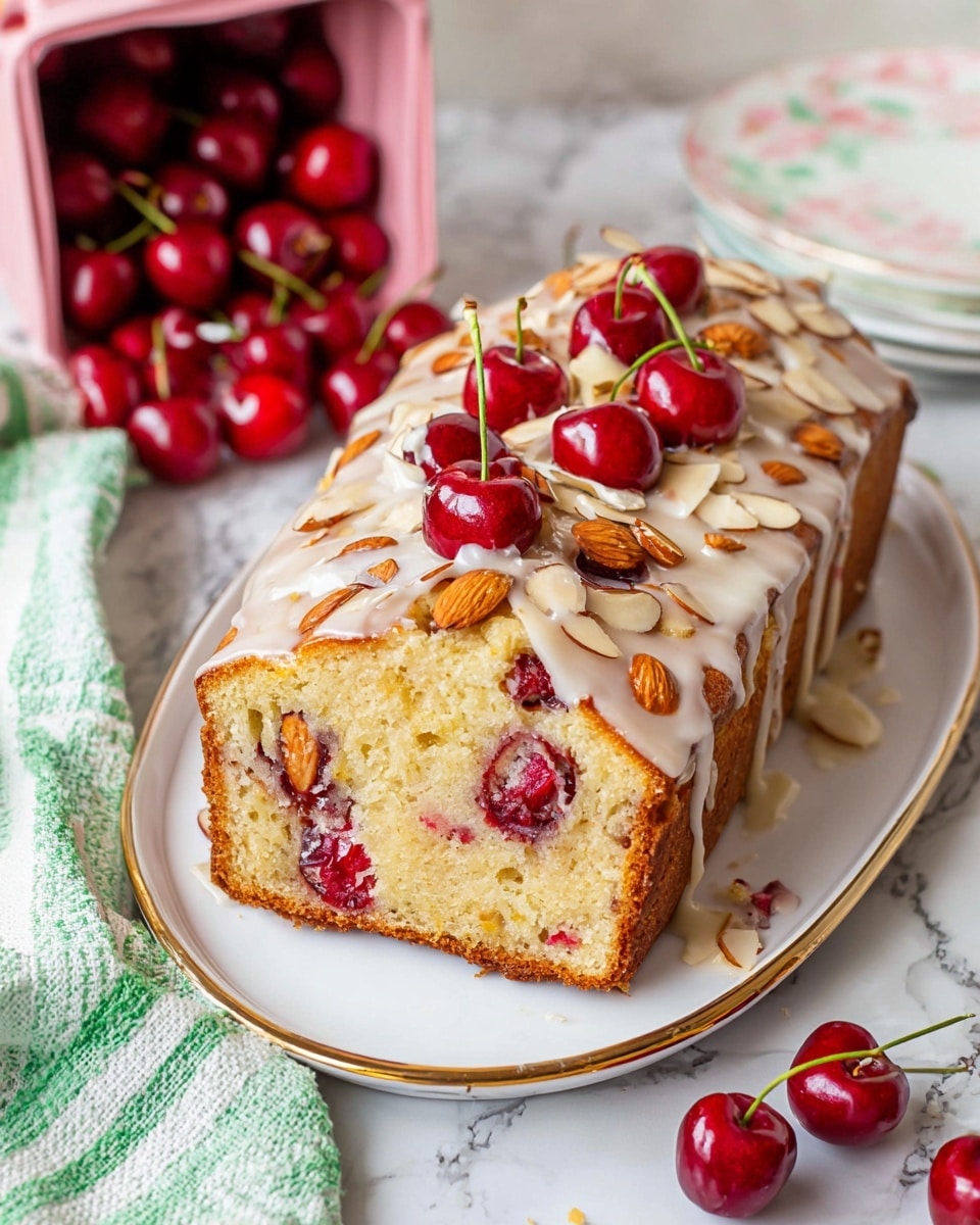 A loaf of almond cherry bread with two slices cut, placed on a white plate over a white marbled surface. The bread has a golden brown crust, a creamy light beige inside dotted with bright red cherry pieces and scattered almond slices. The top of the loaf is iced with a shiny white glaze, decorated with toasted almond slices and halved fresh cherries arranged in a line down the center. The texture of the bread looks soft and moist with visible fruit and nuts inside. Some whole fresh cherries with stems rest beside the plate. photo taken with an iphone --ar 4:5 --v 7