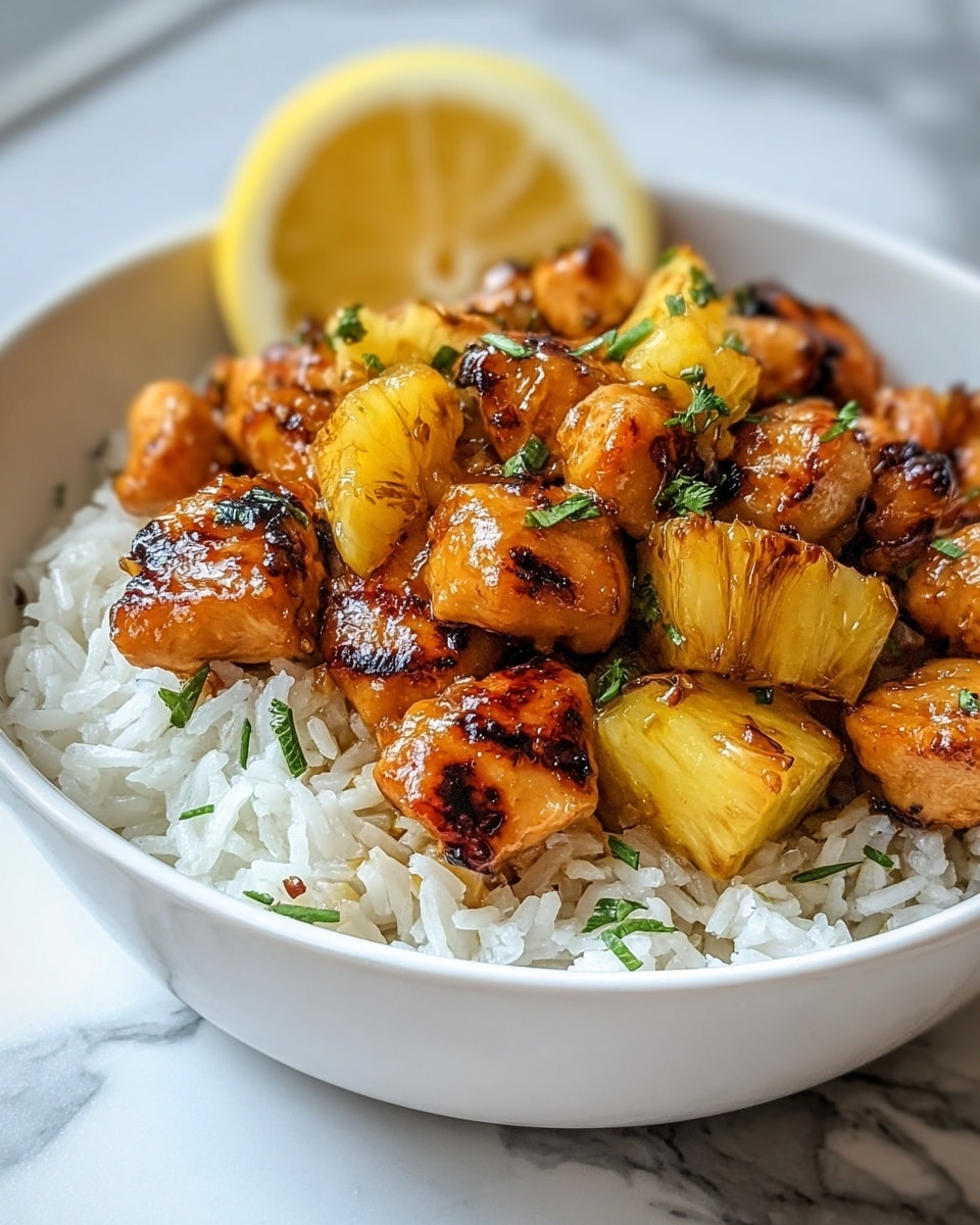 A white bowl filled with a base layer of fluffy white rice with a few small green herbs sprinkled on top, covered by a second layer of golden-brown grilled chicken chunks glazed in a shiny sauce, mixed with bright yellow pineapple pieces that have a slight char. A slice of lemon leans against the side of the bowl in the background, and the dish sits on a white marbled surface. Photo taken with an iphone --ar 4:5 --v 7