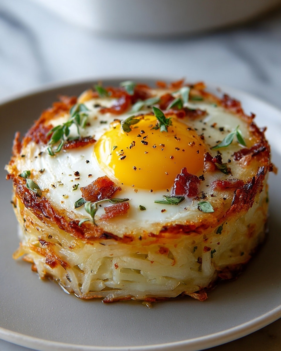 A round, stacked dish with three main layers is presented on a white plate sitting on a white marbled texture. The bottom layer is a golden-brown, crispy base of shredded potatoes lightly fried to a crunchy texture. The middle layer is a thick, soft white egg white layer cooked fully, encasing the final top layer which is a bright yellow, slightly glossy egg yolk cooked sunny side up. Small bits of crispy browned bacon and sprigs of fresh green herbs are sprinkled on top of the yolk and white, with tiny black pepper flakes scattered across. The edges of the potato layer are slightly browned and textured, giving a rustic look. Photo taken with an iphone --ar 4:5 --v 7