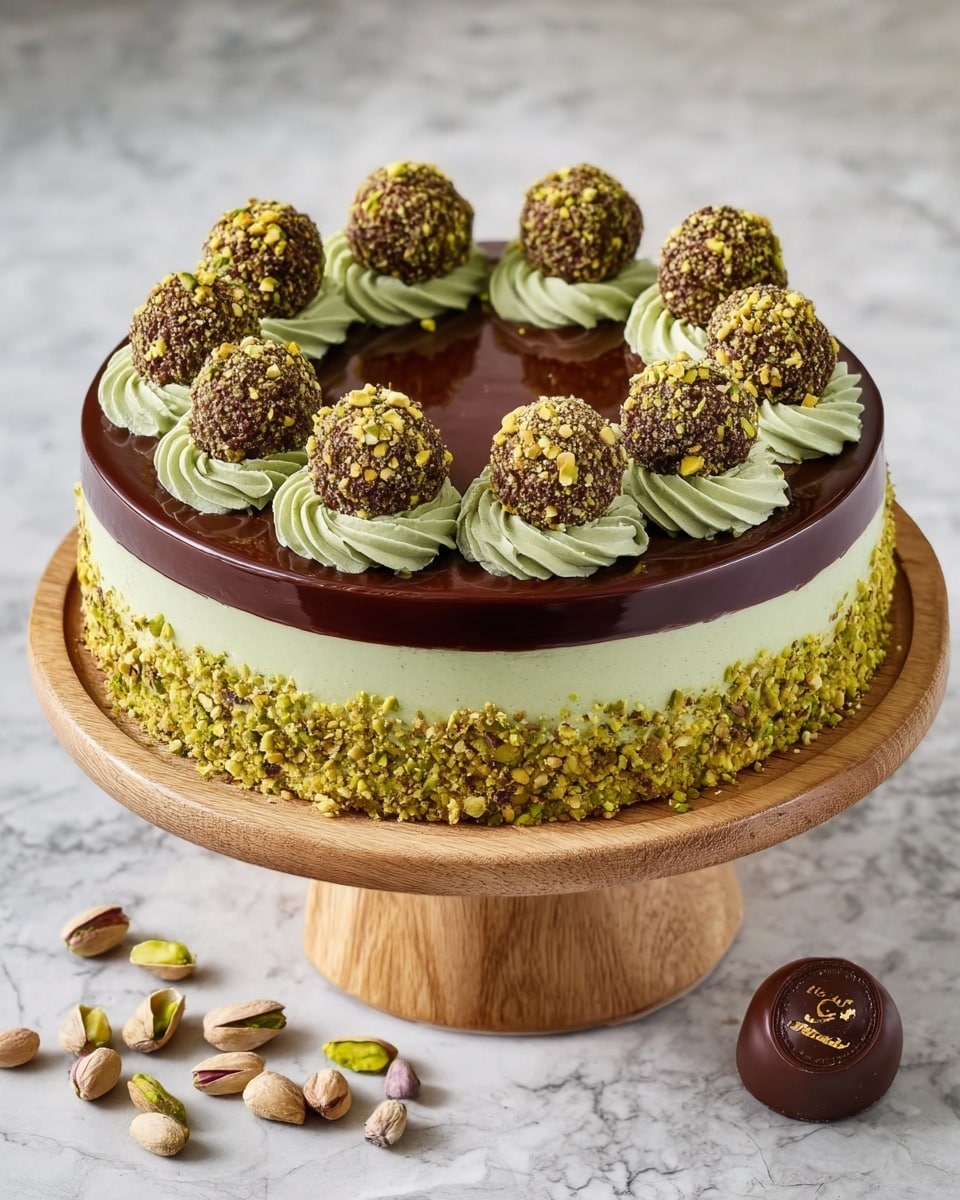 The image shows a round cake with three layers: the bottom layer is covered with crushed pistachio nuts giving a rough green and yellow texture, the middle layer is smooth and pale green, and the top layer is a shiny dark brown chocolate glaze. On top, there are eleven chocolate truffles with textured surfaces, each placed on a swirl of light green cream, arranged in a circle near the edge of the cake. One extra chocolate truffle is on the white marbled surface next to the cake stand, scattered with more pistachio nuts. The cake is on a wooden cake stand against a white marbled background. photo taken with an iphone --ar 4:5 --v 7
