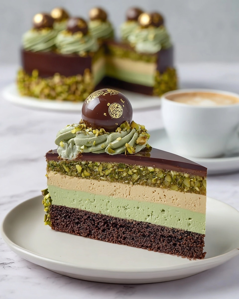 The image shows a slice of layered cake on a white plate with a white marbled background. The cake has five distinct layers: a dark chocolate base layer with a textured, crumbly appearance; above it, a thin layer of green pistachio cream with chopped pistachios mixed in; followed by a smooth light green pistachio mousse layer with pistachio bits inside; on top of that, a light beige creamy layer; and finally a shiny dark chocolate glaze covering the top. The sides of the cake are decorated with finely chopped pistachios. At the top of the slice, there is a swirl of green pistachio cream topped with a round chocolate ball decorated with gold flakes and a small gold emblem. In the background, a full cake with similar decoration and a white cup of coffee can be seen. photo taken with an iphone --ar 4:5 --v 7