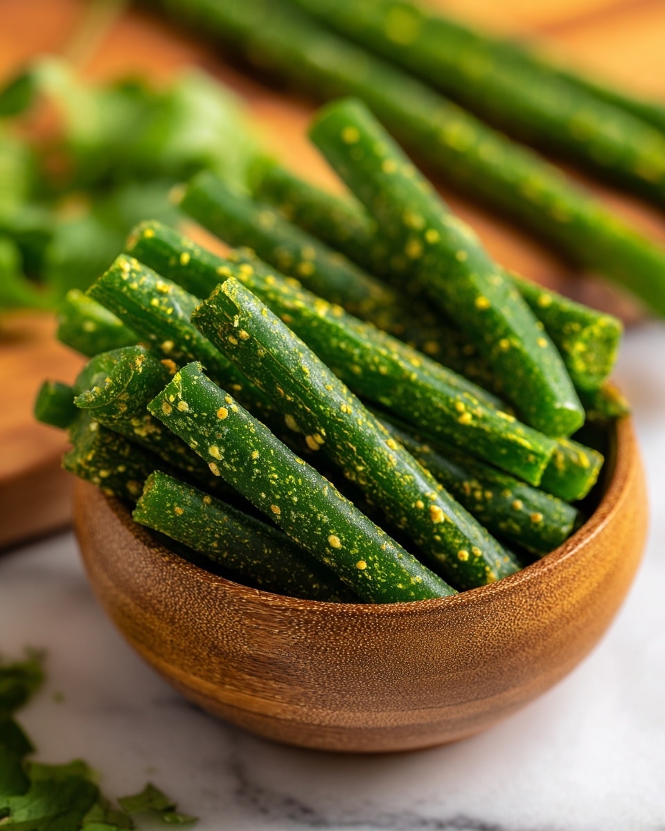 A wooden bowl filled with several bright green thin sticks, each speckled with tiny yellow and white bits, giving them a textured look; the sticks are stacked horizontally and some are laying randomly on top of each other. In the background, there are more green sticks blurred out on a white marbled surface and some green leafy herbs are partially visible. The image uses warm light, highlighting the shiny, slightly rough texture of the sticks. photo taken with an iphone --ar 4:5 --v 7
