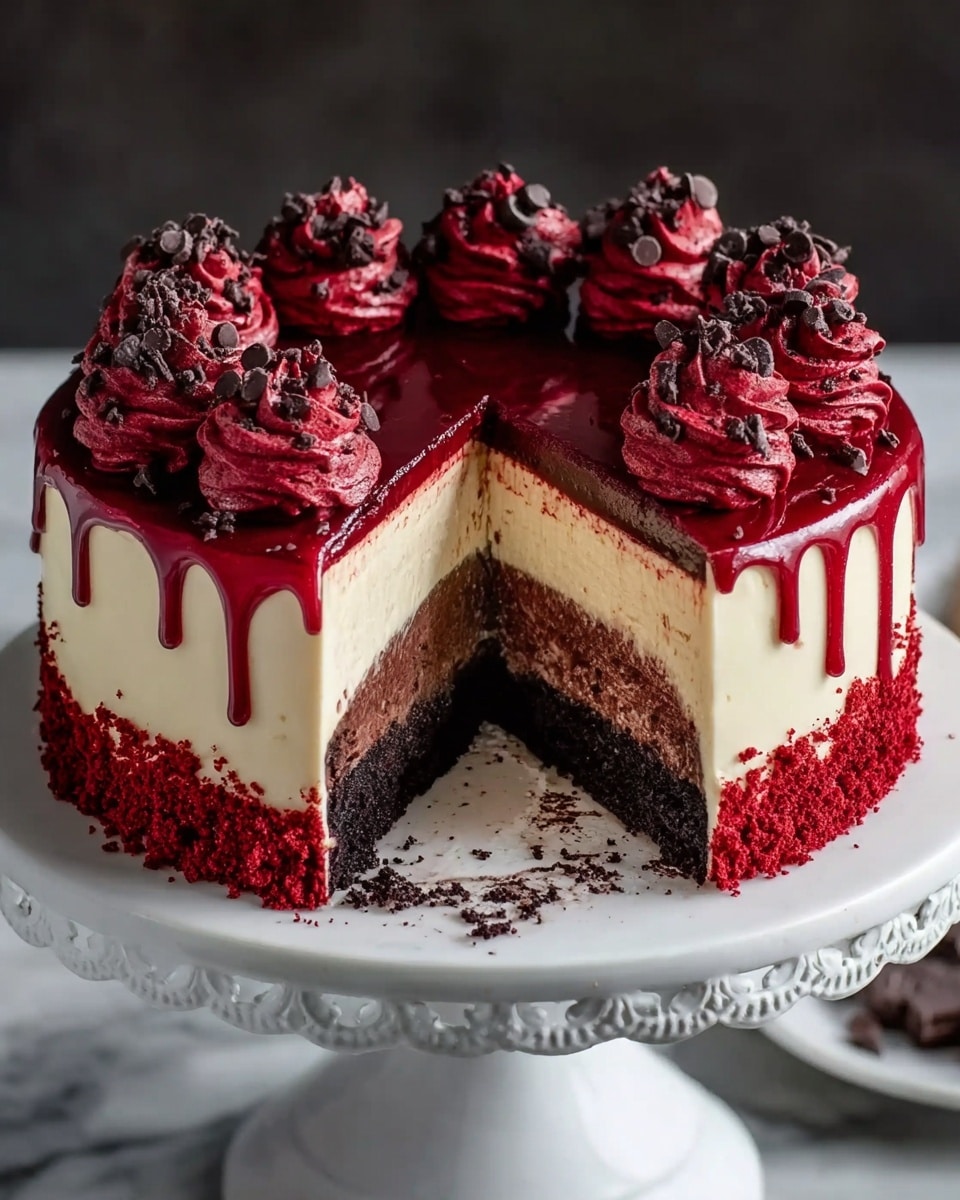 A round cake with four visible layers is shown on a white decorated cake stand against a white marbled surface. The bottom layer is dark brown with a rough texture, the second layer is smooth and cream-colored, the third layer is a thin dark brown layer, and the top layer is a shiny dark red glaze dripping down the sides. Around the edge of the top, there are eight evenly spaced swirls of deep red frosting, each topped with small dark chocolate chips and chunks. The sides of the cake are coated with crumbled red cake pieces. A single slice is missing, showing the inside layers clearly. photo taken with an iphone --ar 4:5 --v 7
