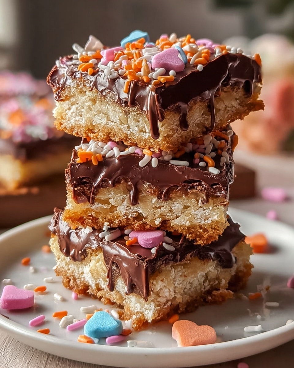 A stack of three dessert bars on a white plate with a white marbled background, each bar showing two main layers: a thick, light golden-brown, chewy base with a slightly rough texture, and a glossy, dark chocolate layer on top that is melting and dripping down the sides; the top layer is decorated with colorful sprinkle shapes in orange, pink, white, yellow, and blue scattered on the surface as well as around the plate, creating a playful and festive look, with soft natural light highlighting the shiny chocolate and the texture of the base, photo taken with an iphone --ar 4:5 --v 7