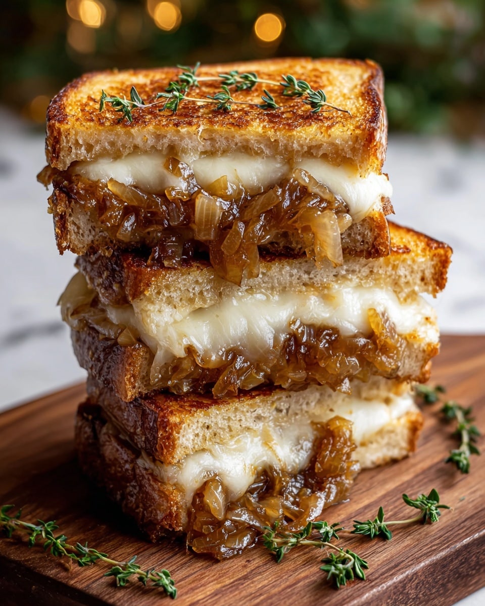 A stack of three grilled cheese sandwiches is shown on a wooden board, each sandwich cut in half and layered. The top and bottom layers are golden-brown toasted bread with a crunchy texture. Between the bread, there is a thick layer of melted, gooey white cheese and a generous amount of caramelized onions, which are soft and slightly browned with a glossy look. Small green sprigs of thyme are placed on top and around the sandwiches for garnish. The wooden board underneath contrasts with the white marbled surface barely visible in the blurred background. Photo taken with an iphone --ar 4:5 --v 7