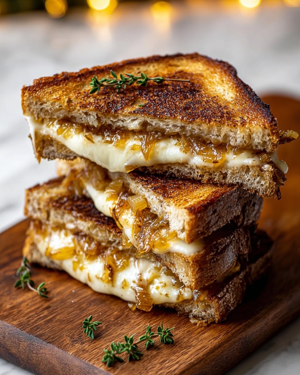 The image shows a close-up of a stack of two grilled cheese sandwiches cut diagonally into triangles, placed one on top of the other on a wooden board. Each sandwich has three visible layers: the top and bottom layers are toasted bread with a golden brown, slightly charred texture, and the middle layer contains melted cheese that is creamy and slightly oozing out, mixed with caramelized onions that are golden brown and soft. Small green herb leaves are sprinkled on top and around the sandwich. The wooden board contrasts with the white marbled surface underneath. photo taken with an iphone --ar 4:5 --v 7