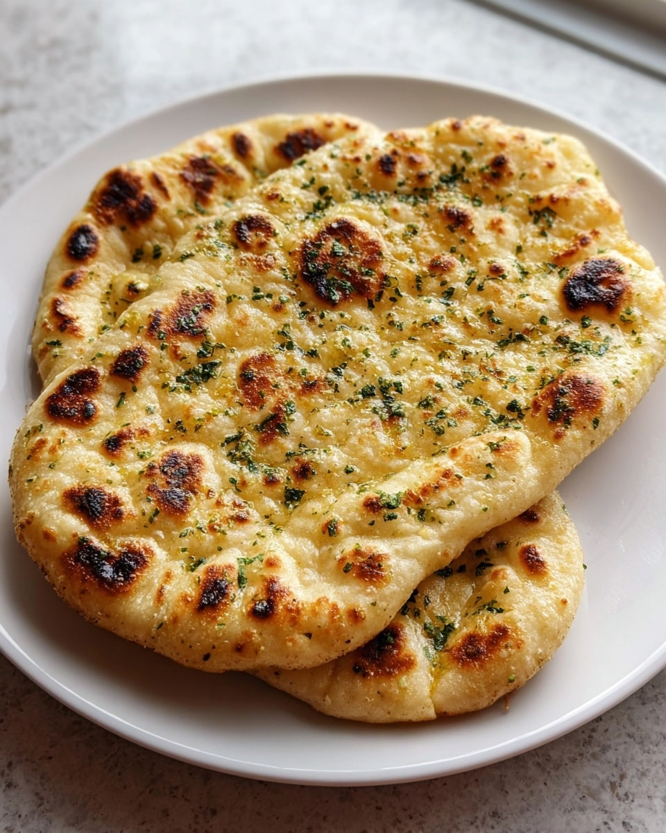 Two pieces of naan bread are placed slightly overlapping on a round white plate. Each naan is golden brown with some darker charred spots, showing a soft and fluffy texture with slight air bubbles. The top surface has a layer of melted butter that glistens, sprinkled evenly with chopped herbs which add green flecks across the light beige bread. The plate sits on a white marbled surface near a window with natural light softly highlighting the textures. photo taken with an iphone --ar 4:5 --v 7