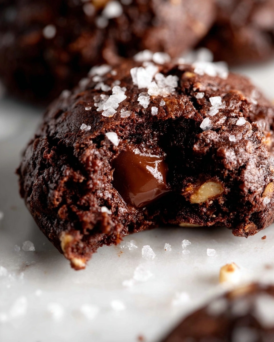 The image shows a close-up of small, dark brown chocolate bites resting on a white marbled surface. One chocolate bite in the center has a bite taken out of it, revealing a dense and moist texture with small chunks and a smooth chocolate core inside. The surface of the bites is slightly glossy with a rough texture and a few small flakes of salt sprinkled on top. Scattered chocolate chips lie around the bites on the white marbled background. Photo taken with an iphone --ar 4:5 --v 7