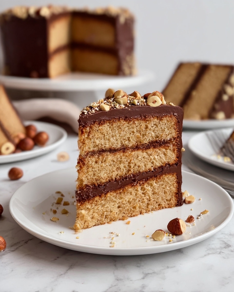 A slice of three-layer cake sits on a white plate, each layer of the cake being a light brown, moist sponge. Between each sponge layer, there is a thick layer of smooth, dark chocolate frosting. The entire outside of the slice is covered in the same chocolate frosting, with pieces of hazelnuts and sprinkles scattered on top and around the sides. Behind it, there are more slices on white plates and a full cake, also covered in chocolate frosting and nuts, all placed on a white marbled surface. photo taken with an iphone --ar 4:5 --v 7