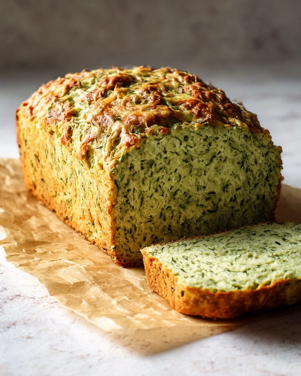 A loaf of green herb bread sits on a piece of parchment paper on a white marbled surface. The bread has a rough, golden-brown crust with melted cheese or herbs baked on top, giving it a textured appearance. The inside of the bread is light green with small darker green flecks evenly spread throughout the soft and airy crumb. One thick slice is cut and placed slightly behind the loaf, showing the same green layered texture inside. Photo taken with an iphone --ar 4:5 --v 7