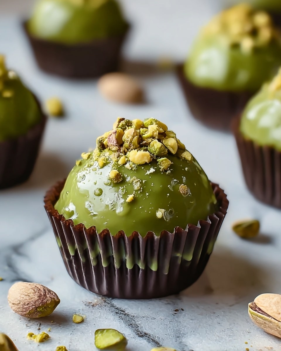 The image shows round green truffles with a shiny, slightly bumpy green coating, likely from pistachio glaze, placed inside dark brown paper cups. Each truffle is topped with a small pile of crushed pistachio nuts, adding texture and color contrast. The truffles sit on a surface with a white marbled texture, scattered with a few whole and broken pistachio pieces around them. The focus is on one truffle in the front with others softly blurred in the background. photo taken with an iphone --ar 4:5 --v 7